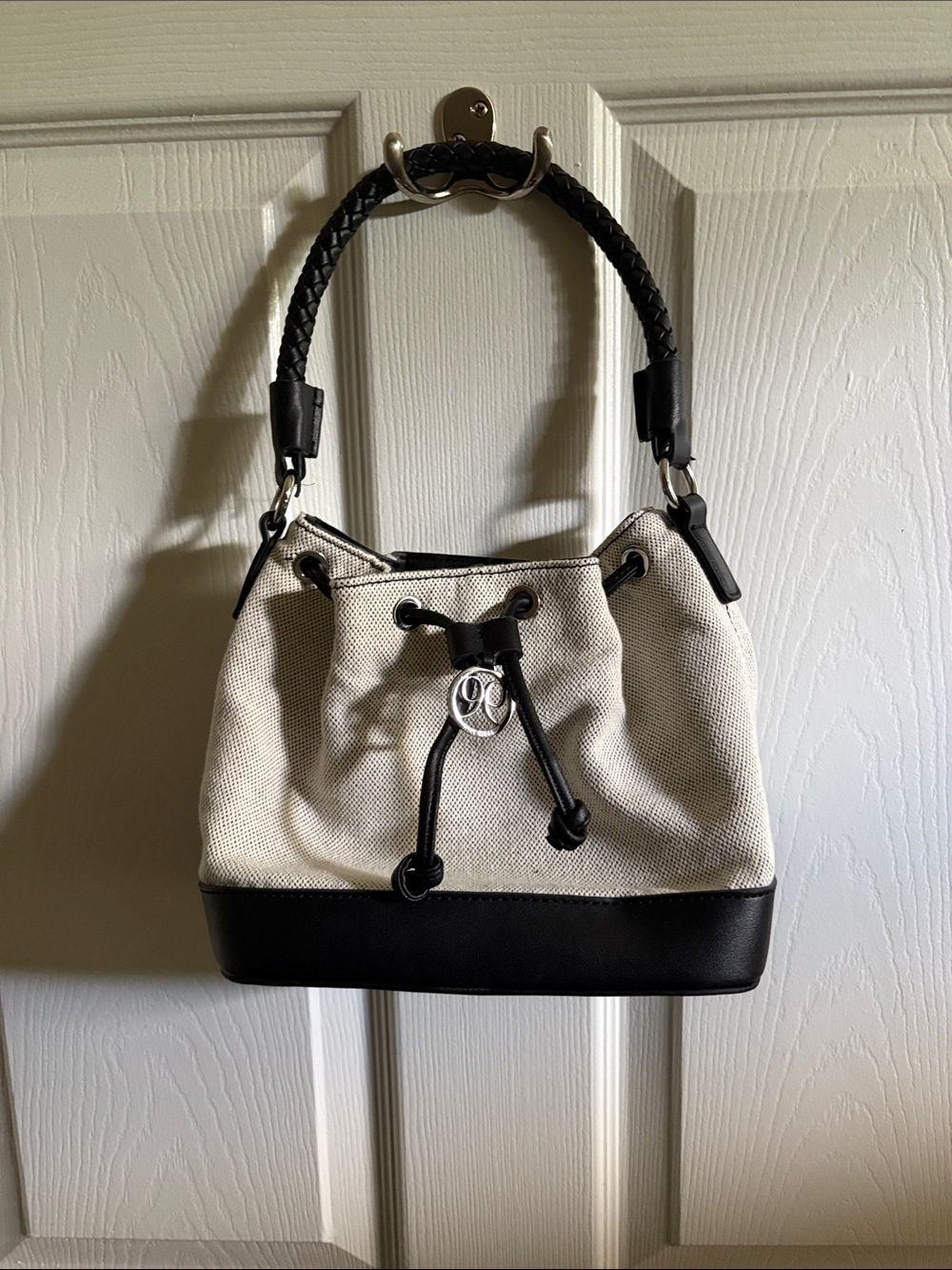 Nine West Cream Canvas Bucket Bag with Black Trim